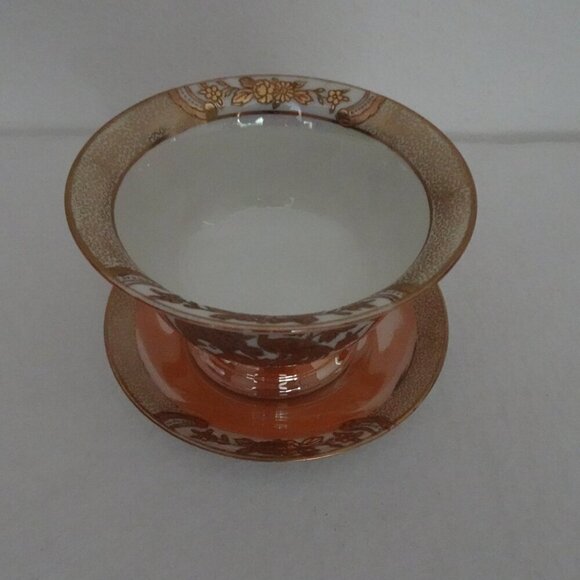 Noritake Orange Lusterware Mayo Condiment Footed Bowl Underplate Peasant Bird - Picture 3 of 11